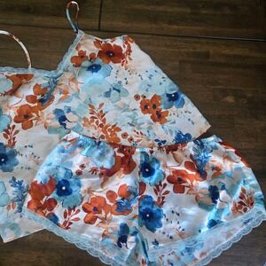 Midnight Bakery Women Blue Orange Floral Satin Pajama Set Camisole Shorts L